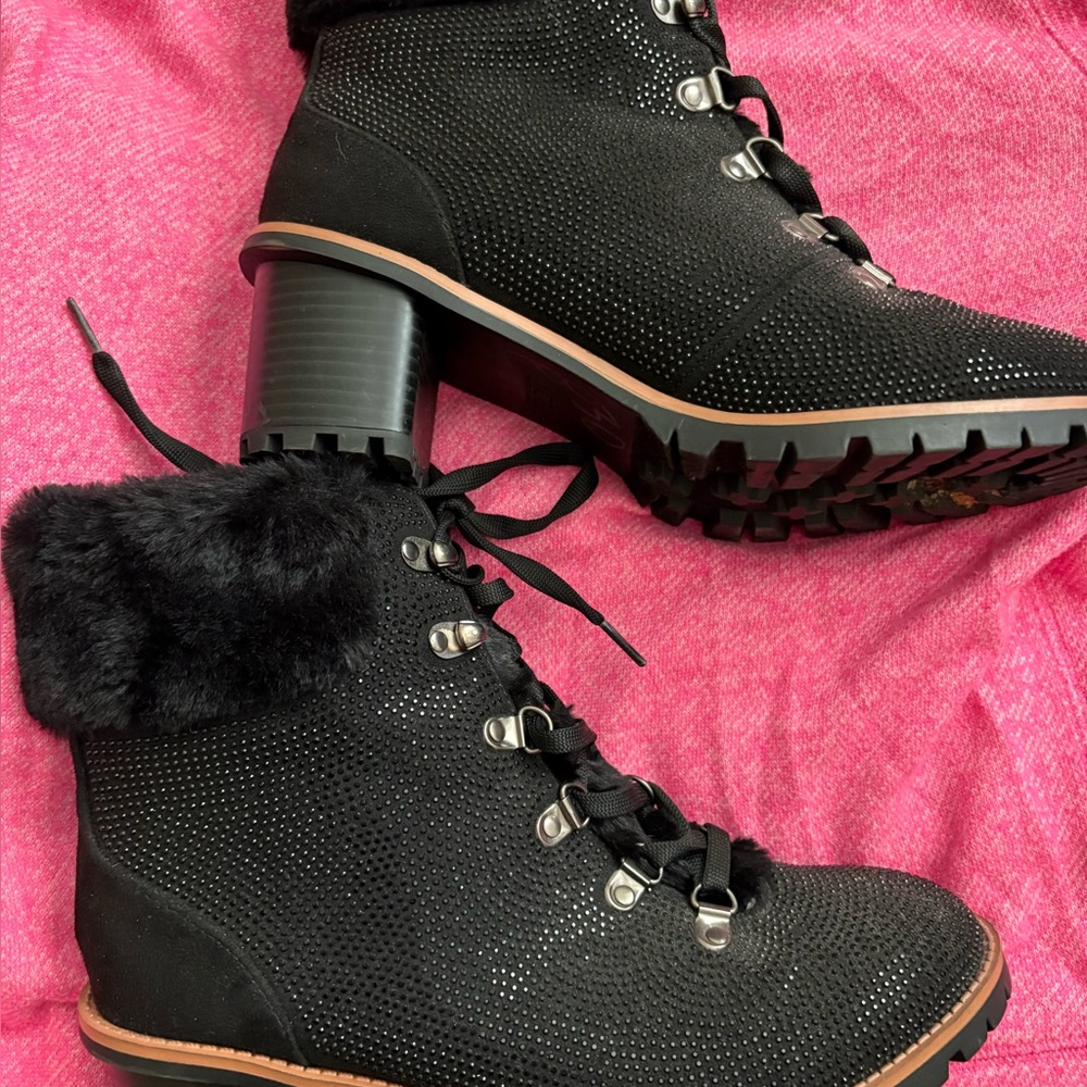 New Nanette black fur lace up boots